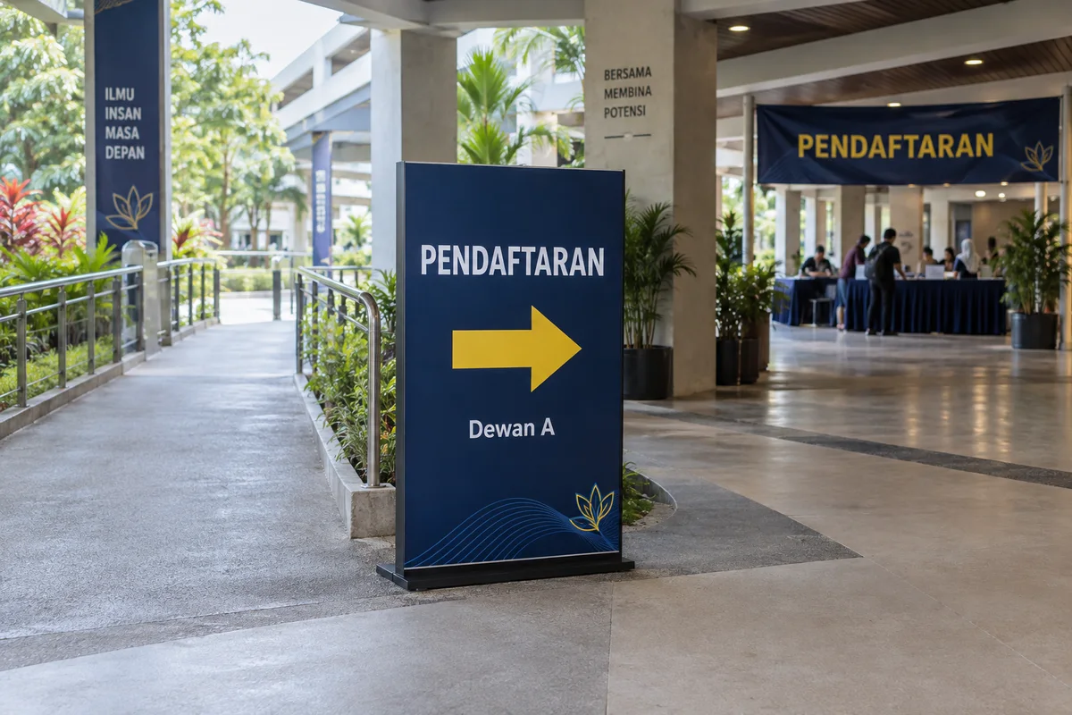 AI-generated registration direction sign pointing right toward a matching registration banner