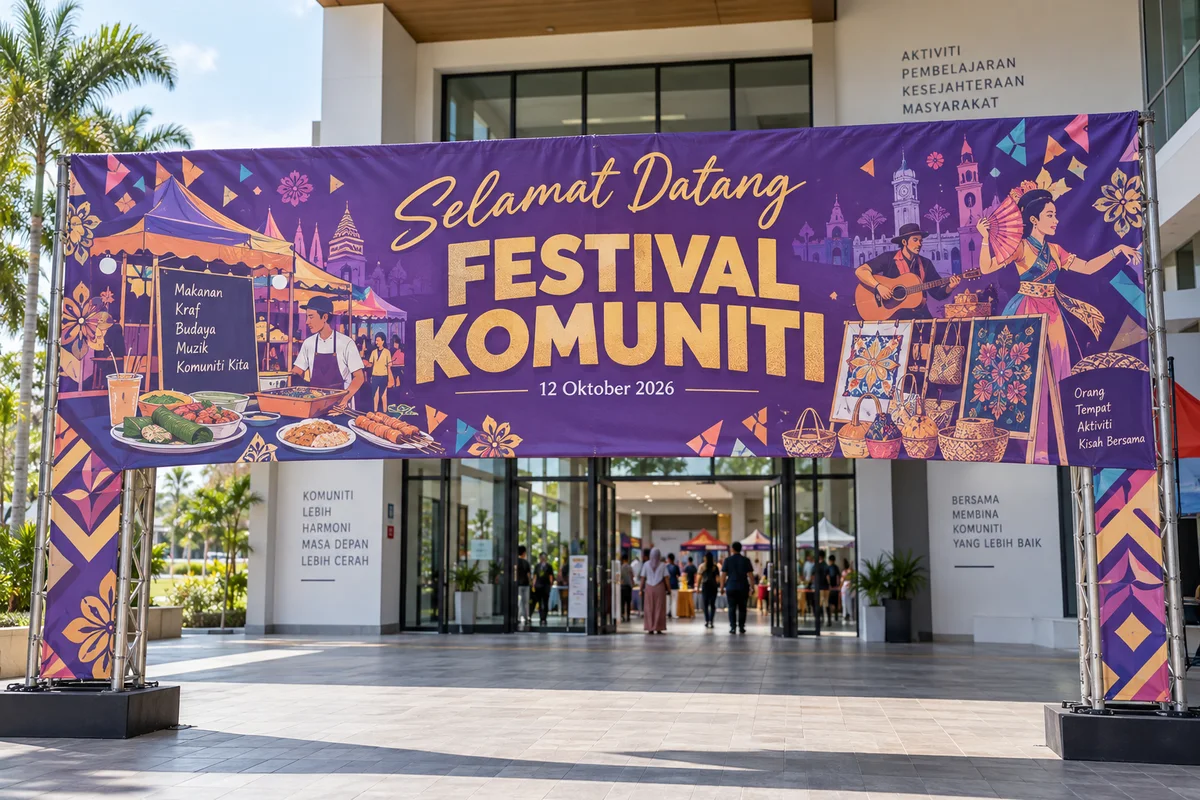 AI-generated purple Malaysian community festival entrance banner with prominent event name