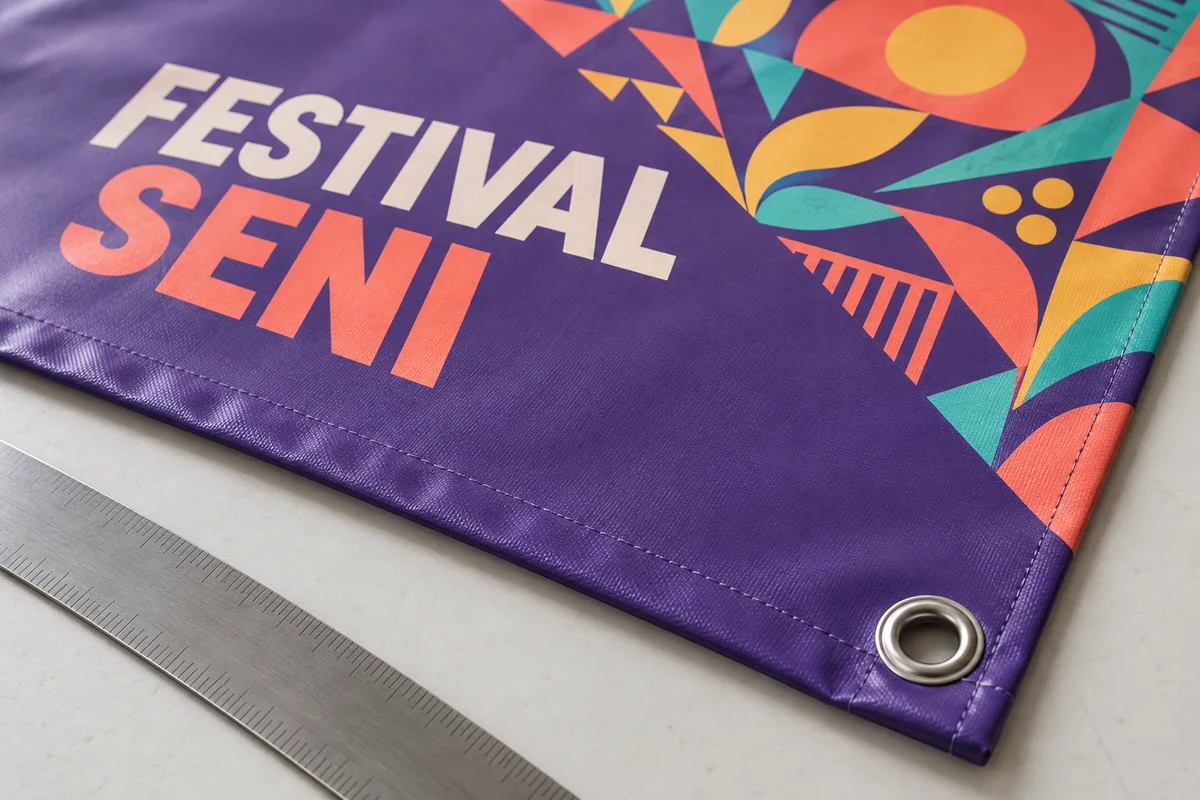AI-generated close-up of a purple event banner corner with reinforced hem and metal eyelet