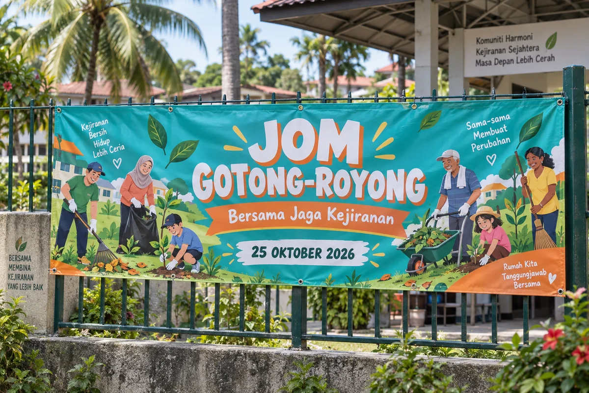 AI-generated turquoise community clean-up banner attached to an outdoor fence