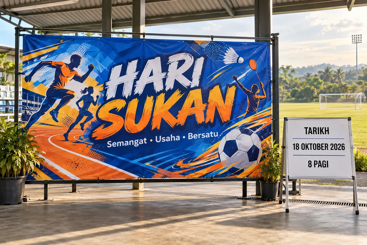 AI-generated blue and orange sports-day banner with a separate changeable date board