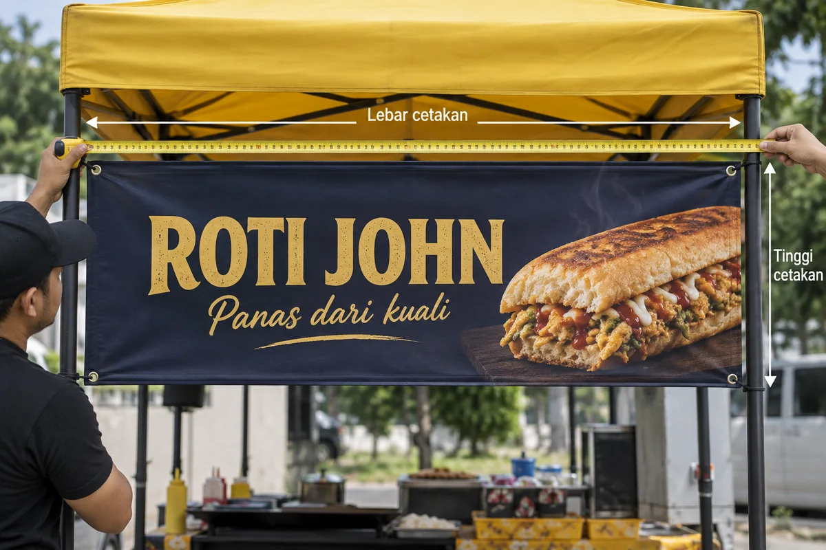 AI-generated roti john canopy banner with width and height arrows and a measuring tape