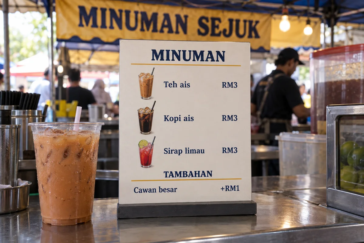AI-generated Malaysian drinks counter menu with aligned prices and a separate cup-size add-on