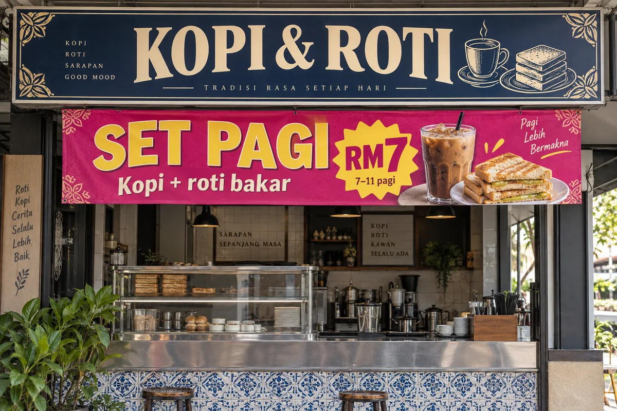 AI-generated coffee shop with a permanent identity banner and a separate pink breakfast promotion