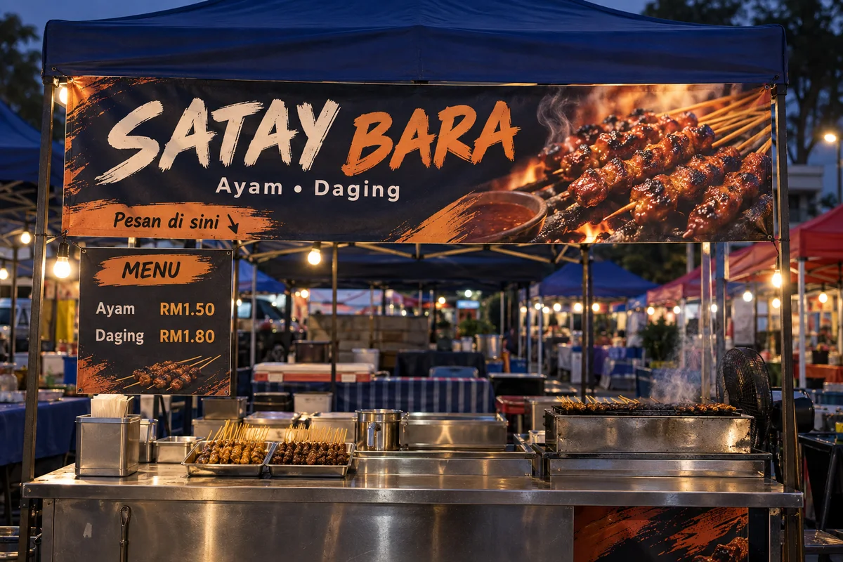 AI-generated Malaysian satay stall with a short overhead banner and a separate price menu