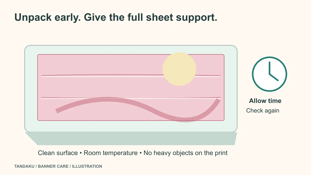 Illustration of a vinyl banner gently unfolded onto a clean table with its full surface supported.