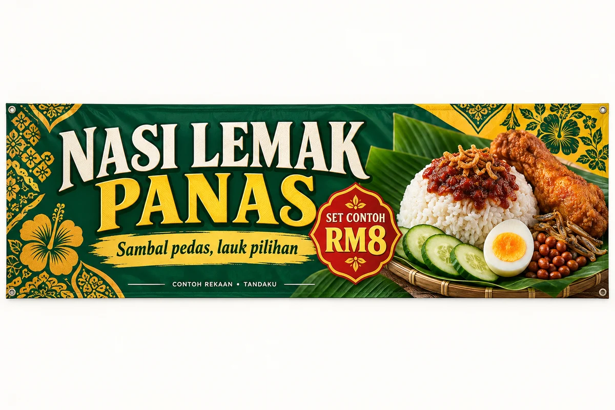AI-generated nasi lemak banner with a green and yellow batik-inspired border, a food photograph and a fictional RM8 price badge