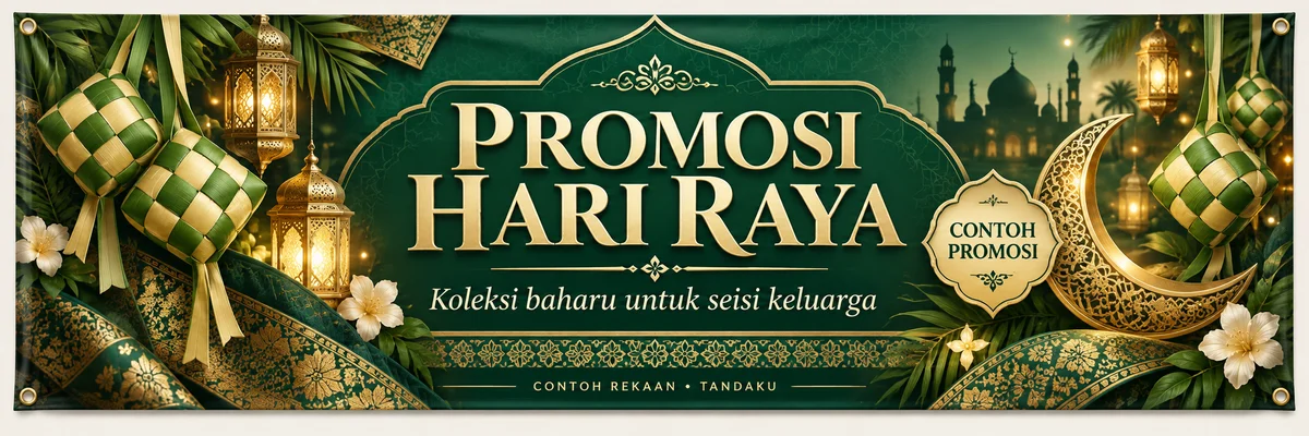 AI-generated emerald and gold Hari Raya promotional banner with ketupat decorations and a central Malay headline