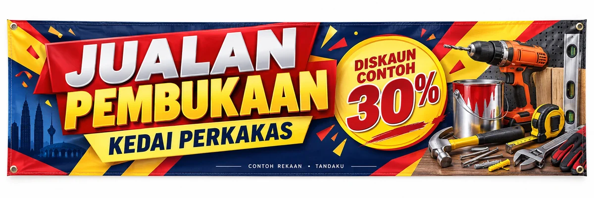 AI-generated Malaysian hardware-shop opening banner with red and yellow lettering, tools and a fictional 30 percent discount badge