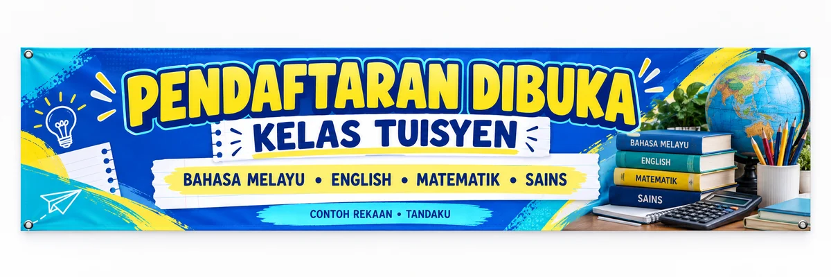 AI-generated blue and yellow tuition banner reading Pendaftaran Dibuka with a Malay, English, mathematics and science subject row