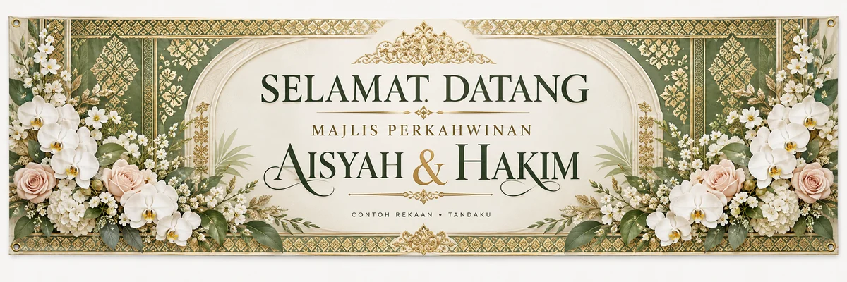 AI-generated Malay wedding welcome banner with fictional couple names, ivory florals, sage green and gold songket-inspired borders