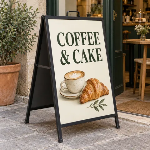Illustrative use: a printed board in a metal A-frame outside a cafe.