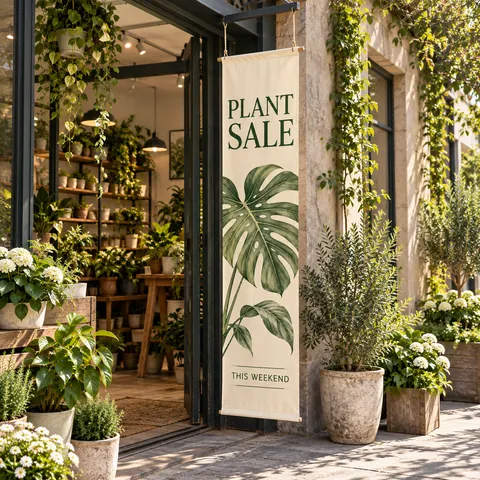 Illustrative use: printed bunting outside a plant shop. Hanging hardware shown separately.