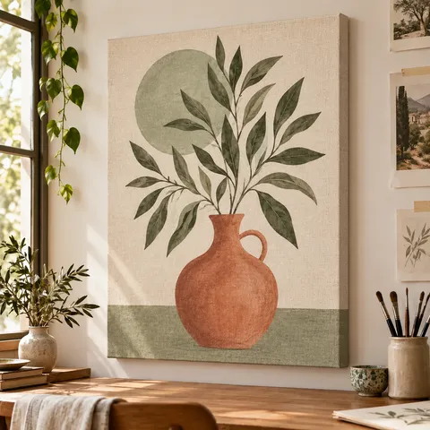 Illustrative use: printed canvas stretched around a wooden frame and hung on a wall.