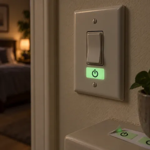 Illustrative use: a glow sticker helps locate a light switch in a dim room.