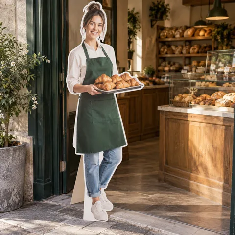 Illustrative use: a flat printed baker standee with fold-out board support.