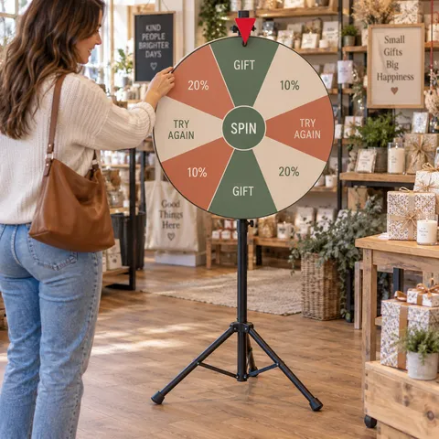 Illustrative use: a printed prize wheel on a tripod at a shop promotion.