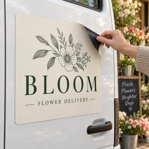 Illustrative use: a removable printed magnet on a steel delivery-van door.
