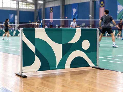 Illustrative use: a freestanding fabric barricade separating areas beside a badminton court.