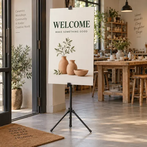 Illustrative use: a welcome board held by an adjustable tripod stand.