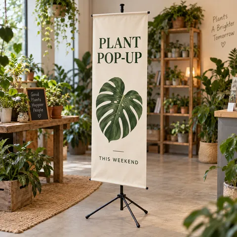 Illustrative use: a printed promotional bunting mounted on a portable tripod.