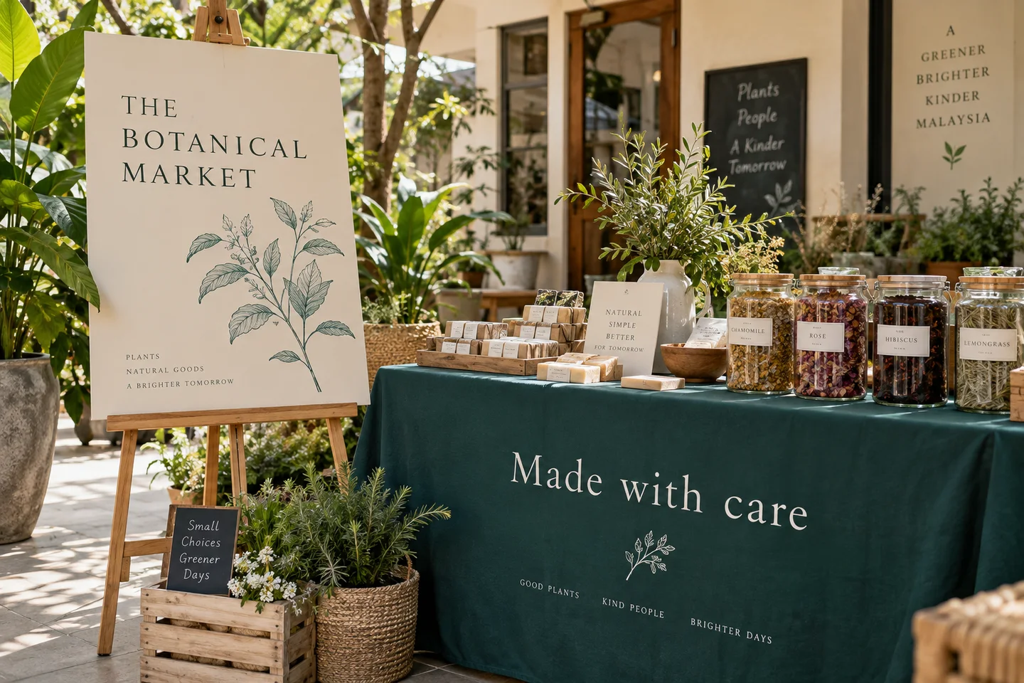 Printed welcome board, fabric table sign and labelled jars at a botanical market stall