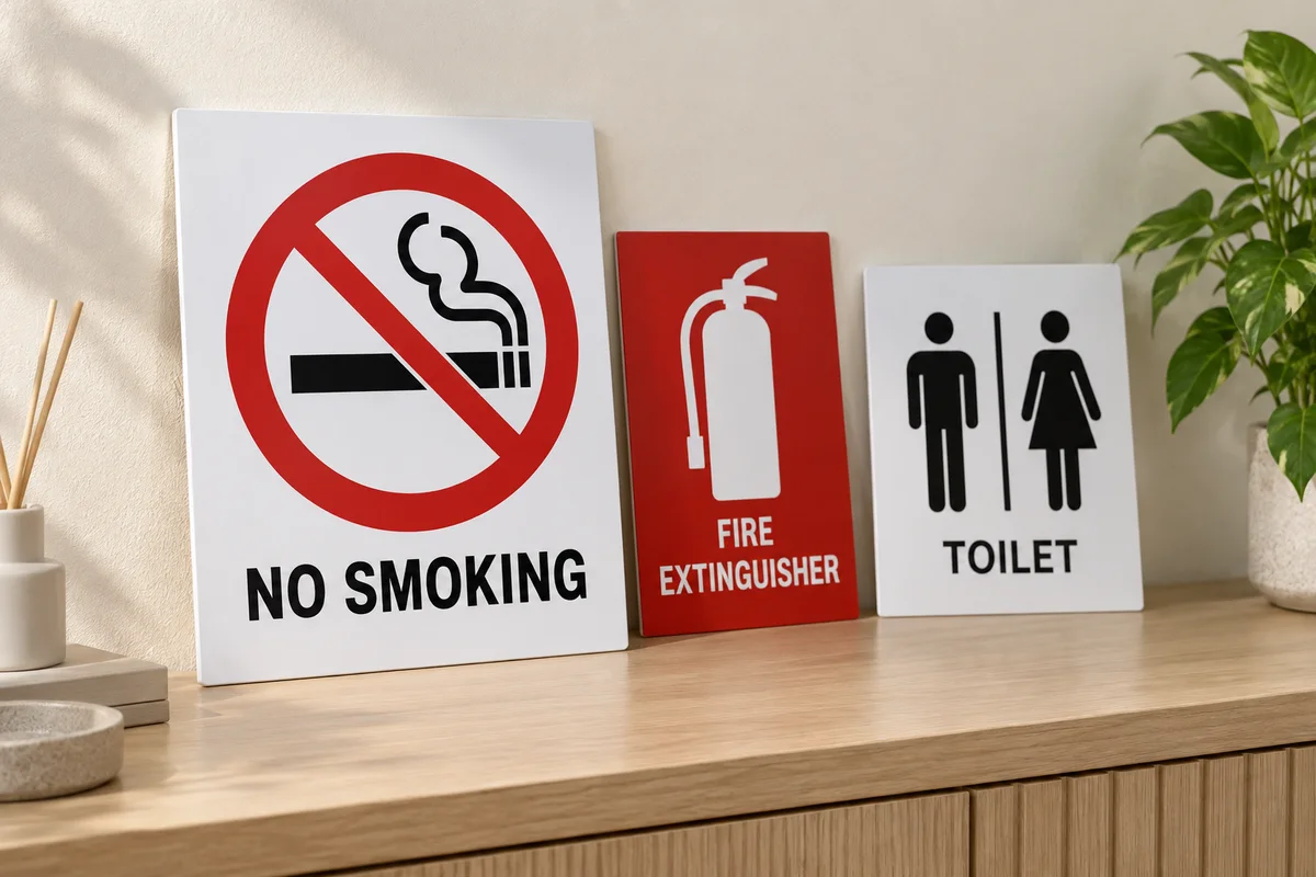 Illustrative display of no-smoking, fire extinguisher and toilet signs on a console table