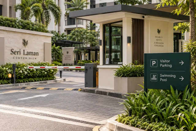 Condo entrance with visitor parking and pool direction signs