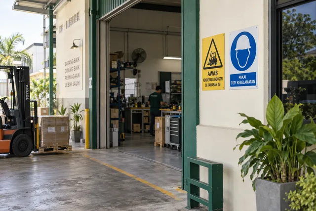 Workshop with warning and protective equipment signs