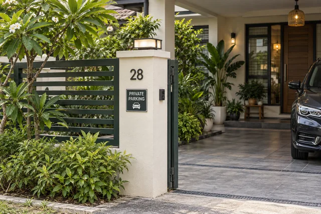 House entrance with a house number and parking notice