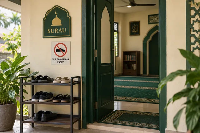 Surau entrance with shoe storage and visitor guidance