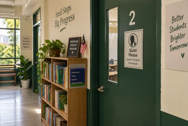 Tuition centre with classroom and corridor notices
