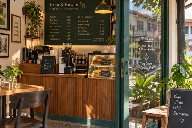 Cafe with a menu board and opening hours on the window