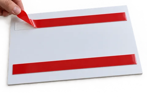 Example: red release liner peeled back to reveal transparent acrylic foam tape on the back of a board