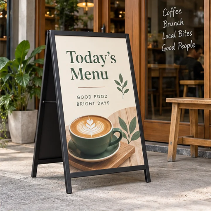 Metal A-Frame: show today’s menu - Cafe entrance
