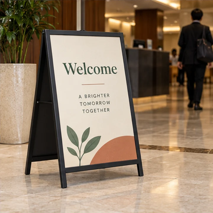 Metal A-Frame: direct visitors - Temporary lobby display