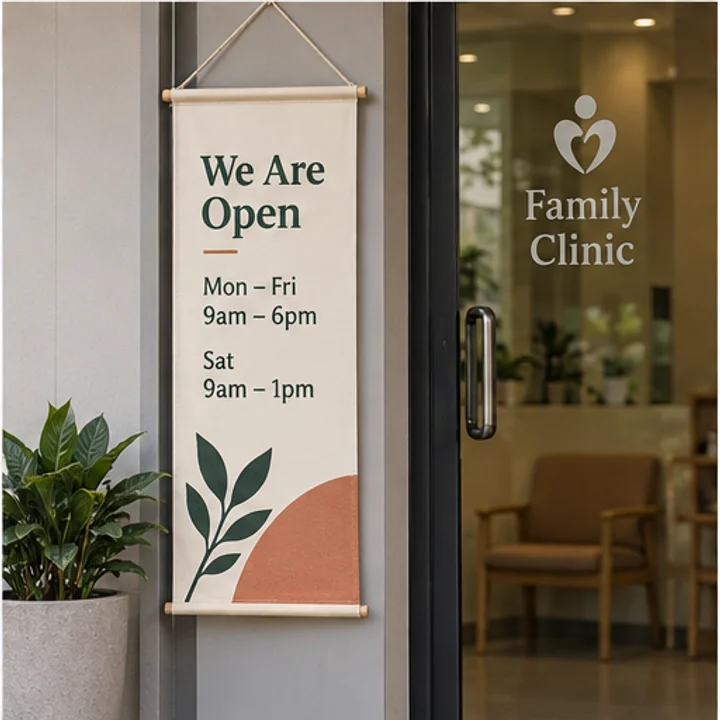 Bunting: announce operating hours - Clinic entrance