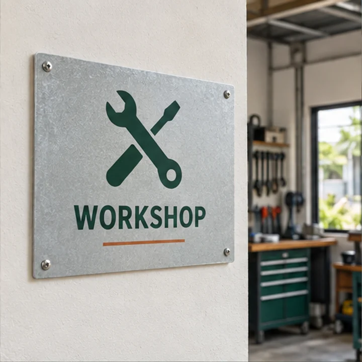1.5mm Galvo Steel: label equipment areas - Workshop wall
