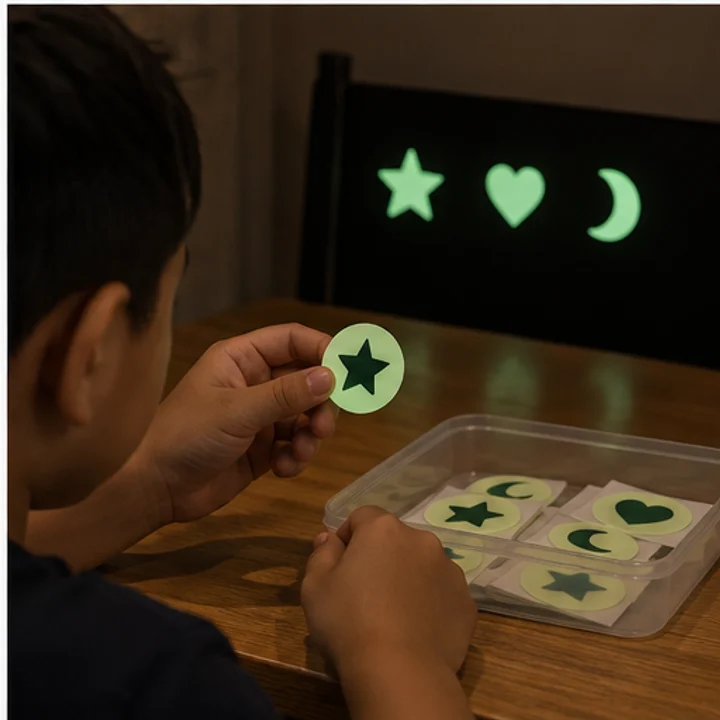 Glow-in-the-dark Sticker: label demonstration items - Supervised light-and-dark activity