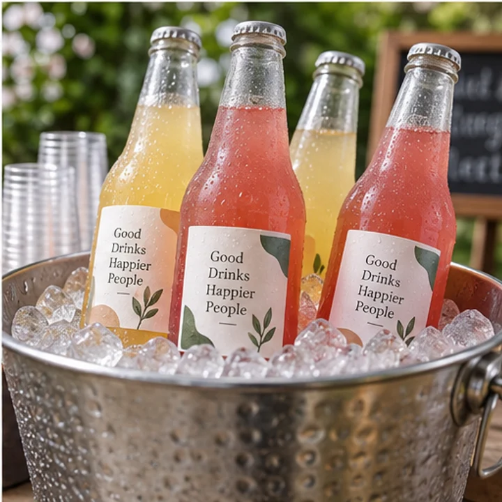 Waterproof Label Sticker: brand refreshments - Event beverage packaging