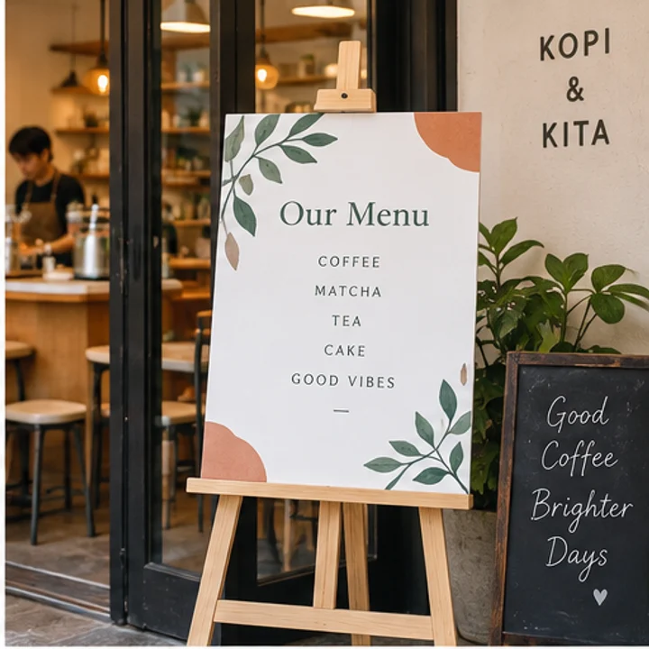 PVC Sign & Wood Easel: display a menu - Indoor cafe entrance