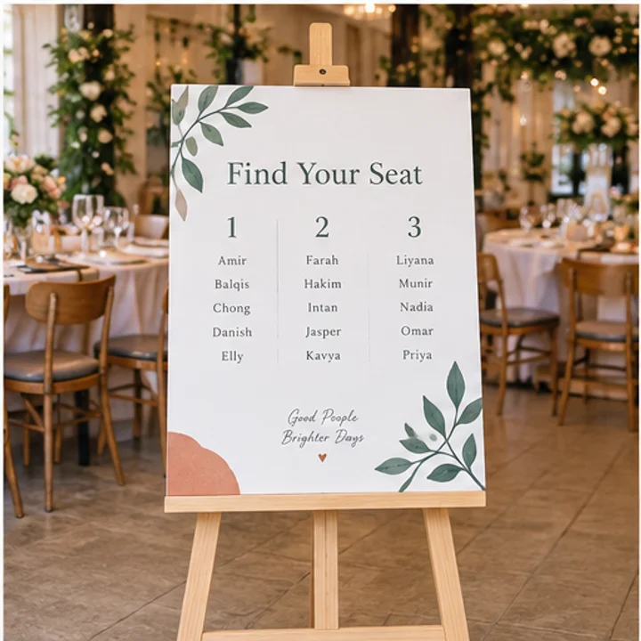 PVC Sign & Wood Easel: show a seating plan - Event reception