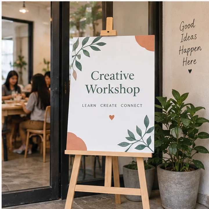 PVC Sign & Wood Easel: welcome a workshop - Meeting venue entrance