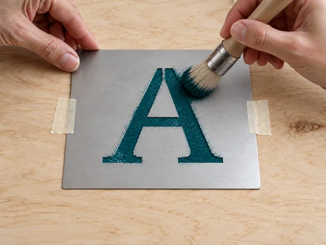 A stencil brush applying teal paint through the cut-out letter A.