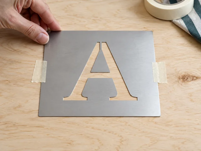 A metal letter A stencil taped flat onto bare wood before painting.