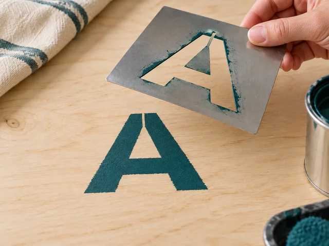 Lifting the metal stencil reveals a painted letter A with a narrow bridge gap.